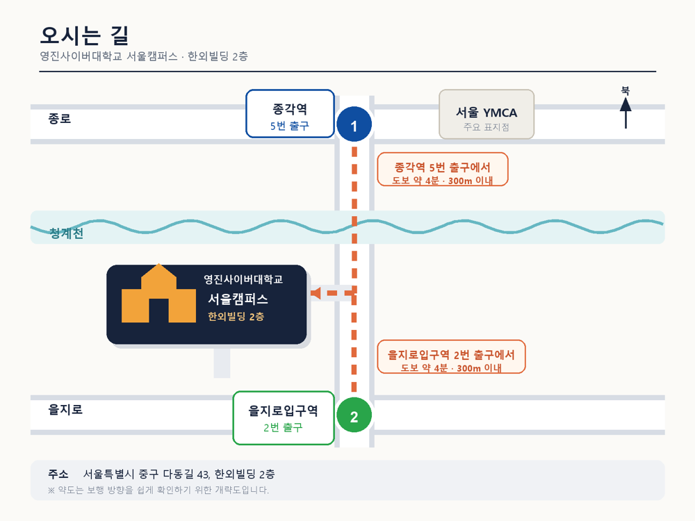 오시는 길 약도 — 종각역 5번 출구 또는 을지로입구역 2번 출구에서 도보 약 4분